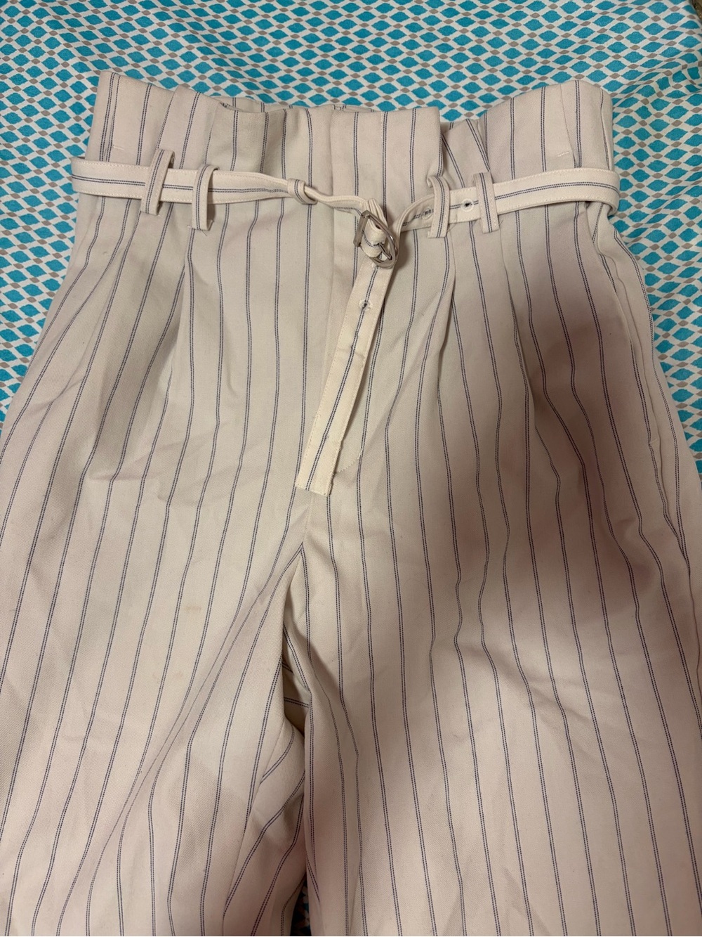 Express Stylist High Rise Pinstripe Belted Paper Bag Ankle Pant Paperbag Pant